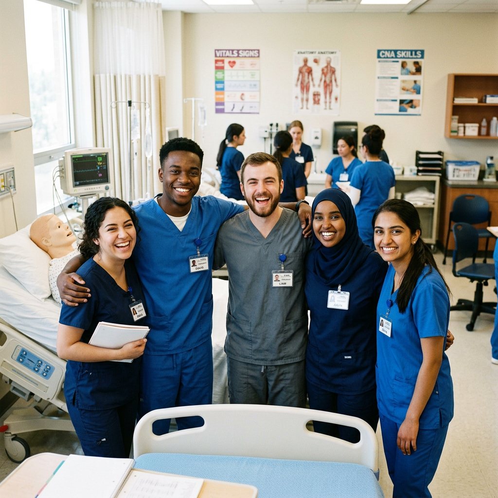 Five nursing students posing together in scrubs in a medical training room